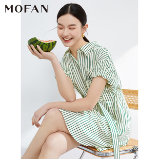 MOFAN摩凡甜美泡泡袖高腰茶歇裙春夏款绿色条纹显瘦衬衫连衣裙
