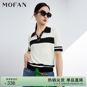 MOFAN摩凡春夏款优雅白色POLO领设计感毛衣女撞色边条纹针织衫