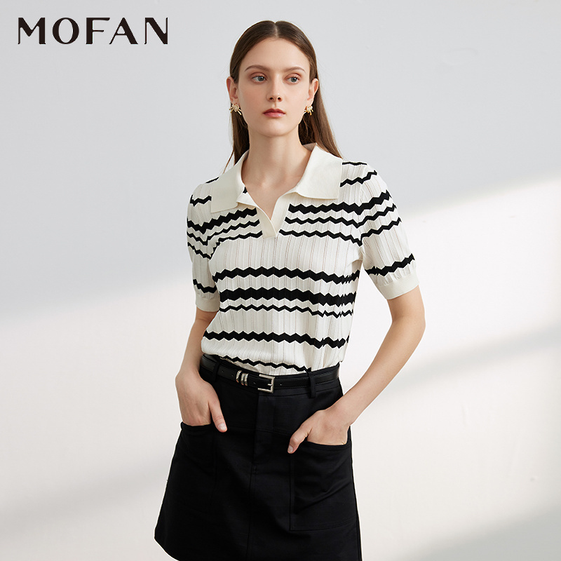 MOFAN摩凡夏新款米黑条纹针织衫