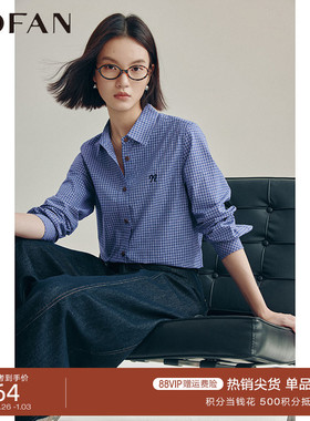复古蓝格纹100%棉衬衫女MOFAN摩凡2025秋款韩版气质休闲衬衣显瘦