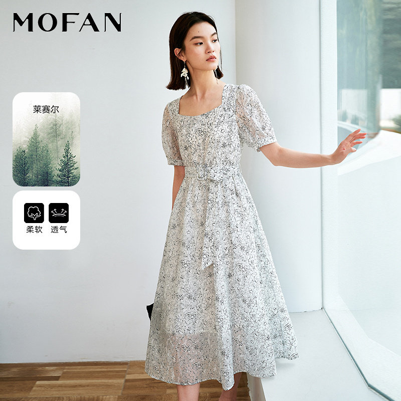 莱赛尔天丝碎花茶歇裙收腰MOFAN摩凡2025夏款黑白花纹显瘦连衣裙,女装/女士精品,连衣裙,淘宝优惠券,粉丝福利购,淘宝优惠卷