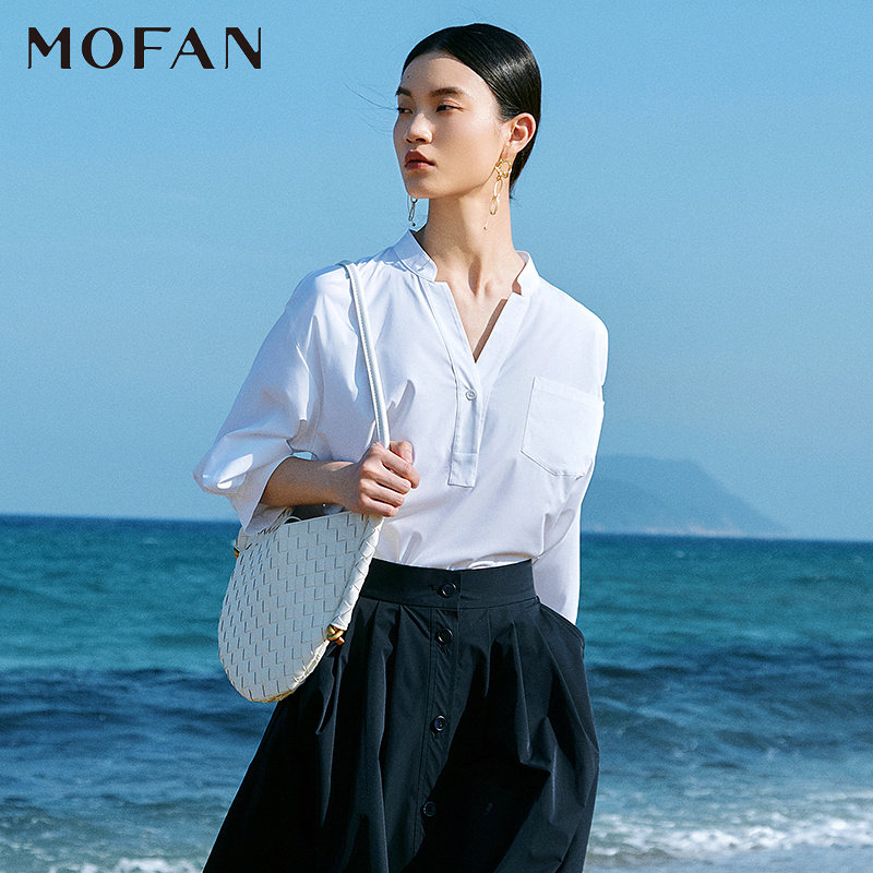 MOFAN摩凡夏知性优雅霜白色V领衬衫女设计感小立领九分袖衬衣,女装/女士精品,衬衫,淘宝优惠券,粉丝福利购,淘宝优惠卷