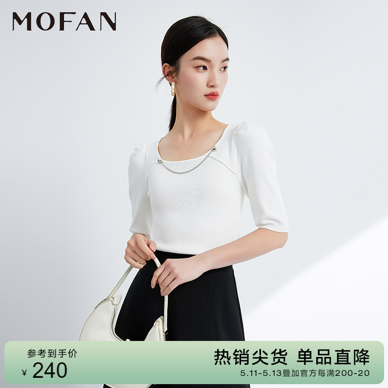 MOFAN摩凡春夏白色圆领设计感韩版毛衣女修身泡泡袖针织衫显瘦