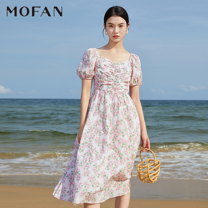 MOFAN摩凡夏新款粉色花纹连衣裙