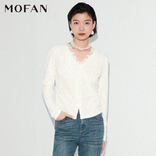 【商场同款】女士蕾丝V领长袖打底衫MOFAN摩凡花边修身内搭小衫