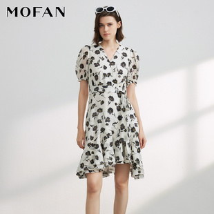 黑白花纹A字碎花裙MOFAN摩凡2025夏新款黑白花纹泡泡袖显瘦连衣裙