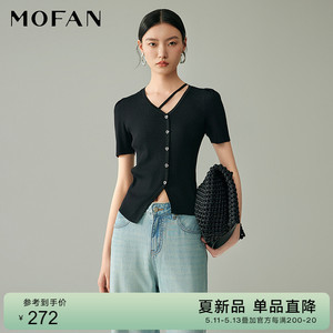 MOFAN摩凡2024夏款时尚淑女黑色V领设计感毛衣女修身显瘦针织开衫