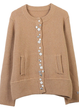 韩版2023秋冬新款女装纽扣装饰圆领长袖宽松厚款针织开衫外套现货