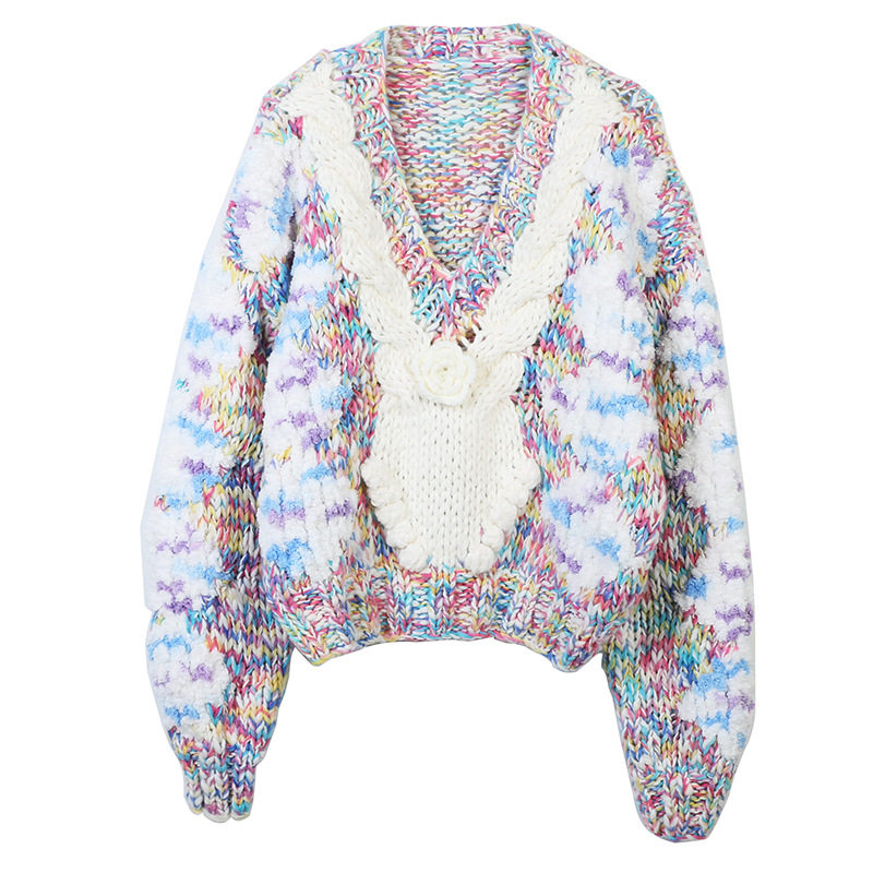 欧美复古毛衣2025秋冬新款女装套头彩色长袖花朵麻花宽松针织上衣