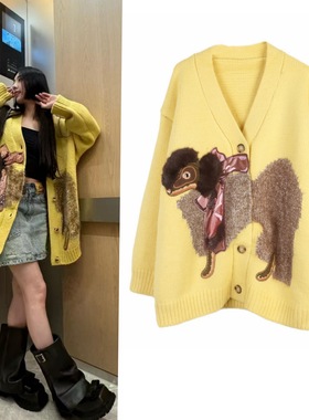 法式中长款毛衣宽松慵懒风黄色蝴蝶结狗提花V领针织开衫女式外套
