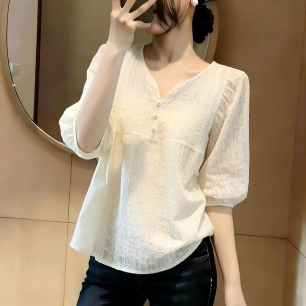 休闲V领泡泡袖衬衫女夏季胖妹妹宽松显瘦设计感小众减龄上衣