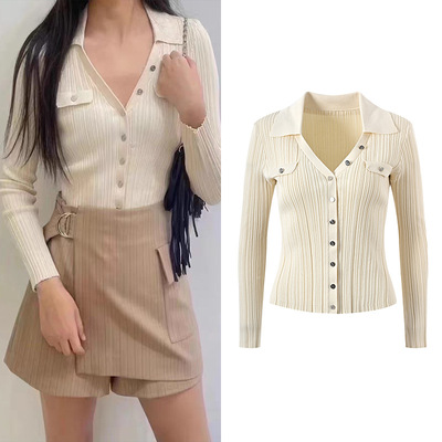 2024春季新款女装时尚百搭通勤优雅V领弹力修身显瘦针织外穿上衣