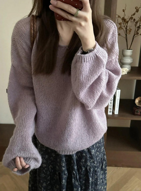 现货2025实价高级感紫色针织毛衣女穿搭韩系气质显瘦半身裙