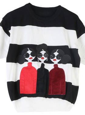 甜美气质短袖针织衫打底衫女美人像白黑亮片宽松针织衫短款上衣女