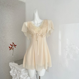 实拍新款 雪纺缎面连衣裙短裙 花影性感纯欲风刺绣蕾丝V领小飞袖