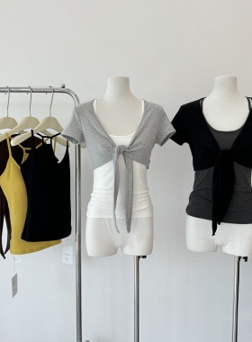 视频新款 3色绑带短袖开衫女夏季宽松无领百搭设计感短款上衣