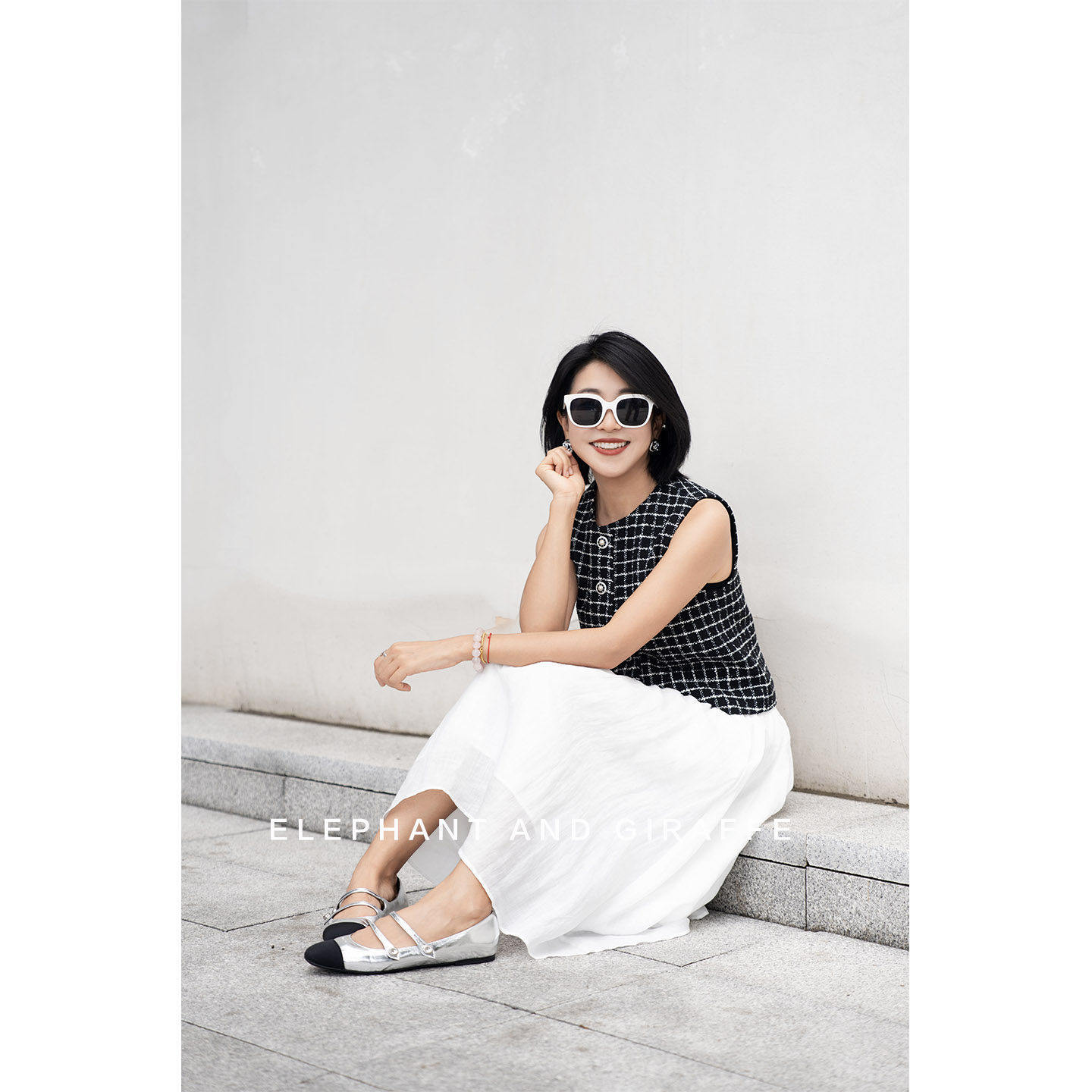 大象和长颈鹿 巴黎左岸 黑白精裁短款粗花呢小香风马甲 508106