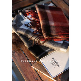 ACC433 复古暖调羊绒格纹围巾大披肩 大象和长颈鹿 画报女郎