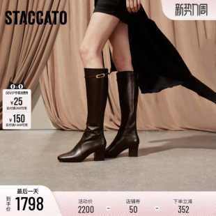 思加图新款 靴长靴高靴粗跟方头女皮靴靴子EIA01DG5 伊芙琳棕色时装