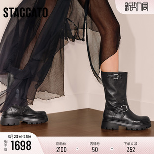 思加图新款 靴靴子EIW05DG5 英伦风棕色骑士靴长靴高筒靴粗跟女时装