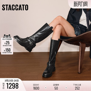 思加图新款 靴女靴子B2135DG5 英伦风骑士靴复古黑色长靴高筒靴时装