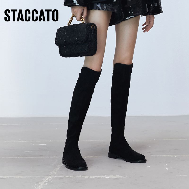 思加图圆头弹力靴粗跟过膝靴长靴