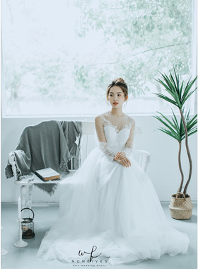 【小情歌】森系蕾丝超仙婚纱长款显瘦新娘出门纱户外旅拍草坪婚纱