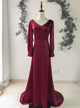 【夜莺】原创新款收腰显瘦长袖V领酒红色绸缎敬酒服晚礼服定制