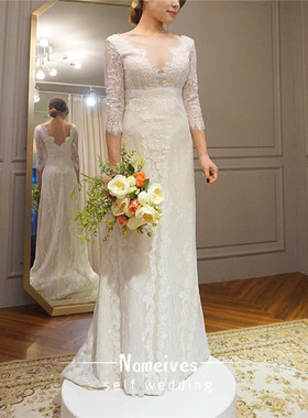 [秋荷]田园森系波西米亚轻婚纱复古蕾丝沙滩海边草坪中袖写真礼服