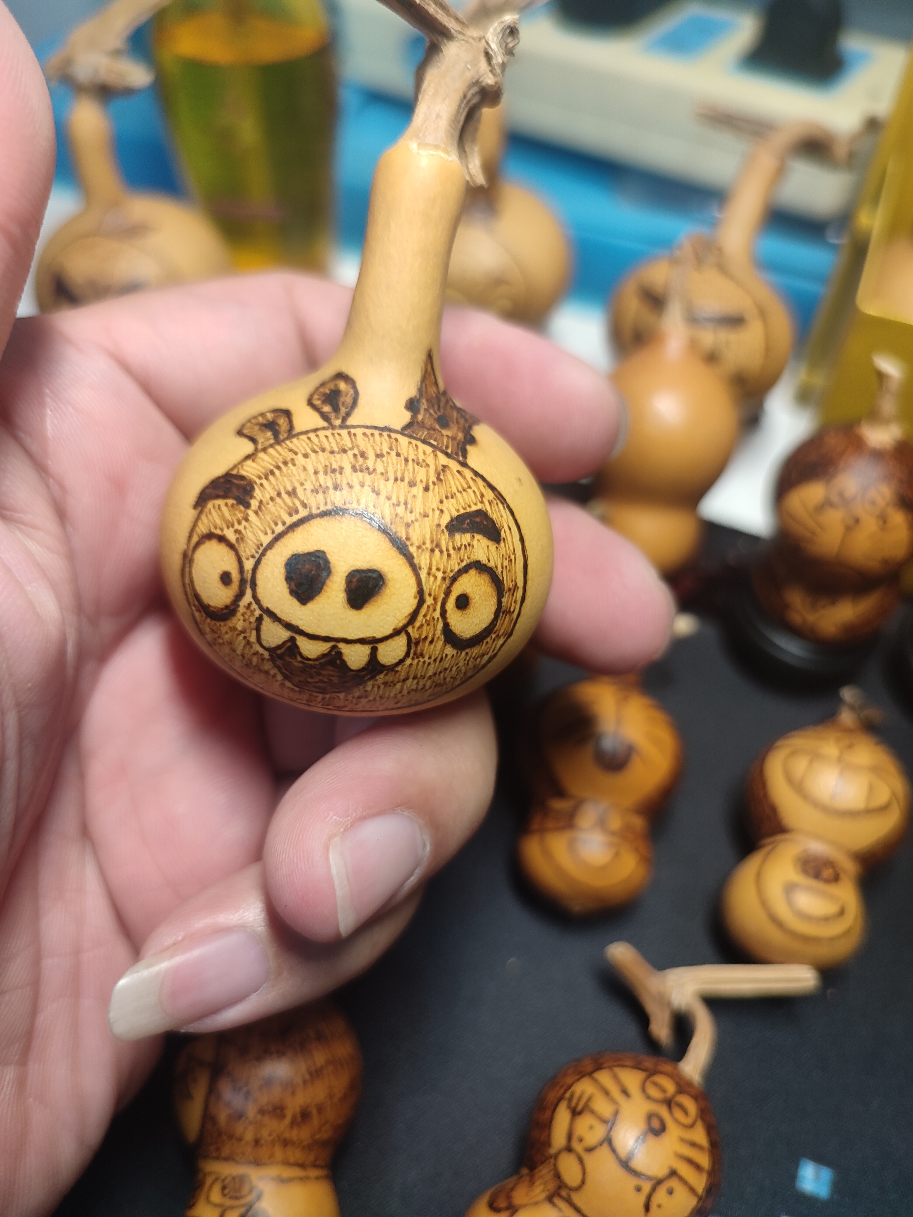 天然文玩草里金独霸手捻葫芦愤怒小鸟国家非遗烙画钥匙链手把件