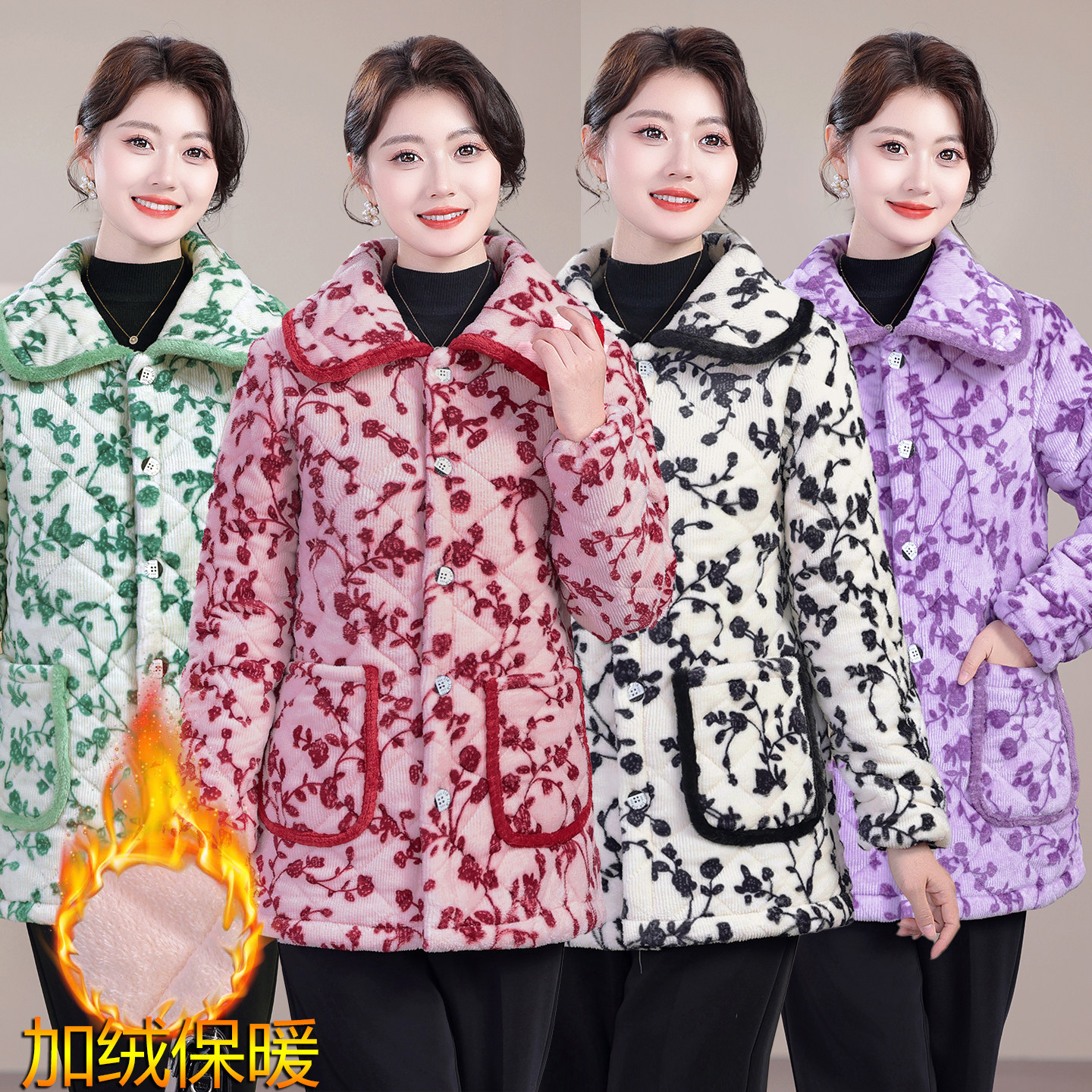 冬季新款女士棉服时尚保暖棉服加绒加厚中款居家服大码宽松外套
