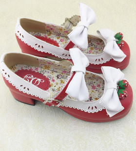 加棉加软日系森女lolita洛丽塔草莓铃铛圆头粗跟蝴蝶结女单鞋
