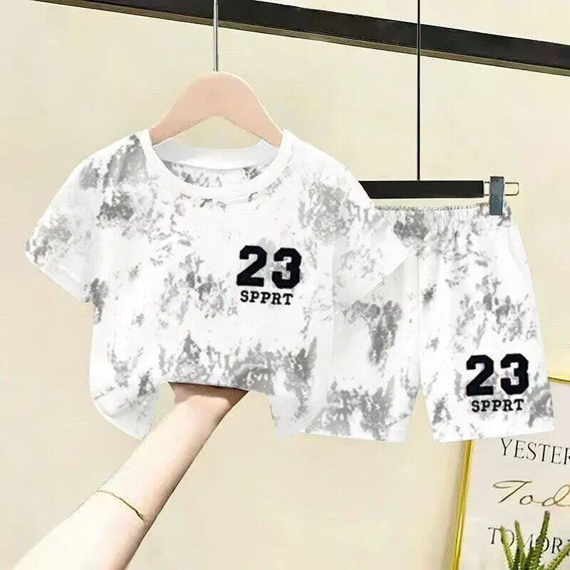 2026新款国潮23号印花扎染短袖T恤套装男女童夏季纯棉洋气两件套9