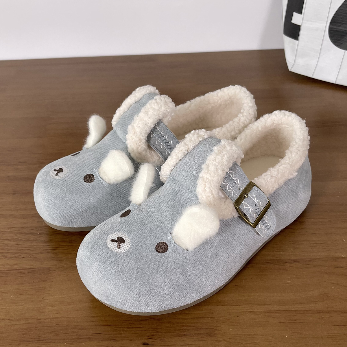 毛毛勃肯鞋毛绒冬季加绒保暖加厚可爱兔子新款学生包头一脚蹬棉鞋