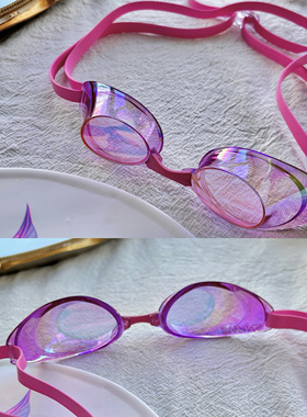 日本Swans粉色诗韵SR10M扣眼式无胶圈近视防雾比赛竞速泳镜贝壳