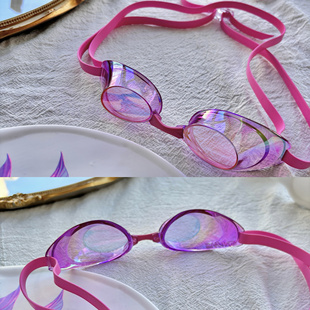日本Swans粉色诗韵SR10M扣眼式无胶圈近视防雾比赛竞速泳镜贝壳
