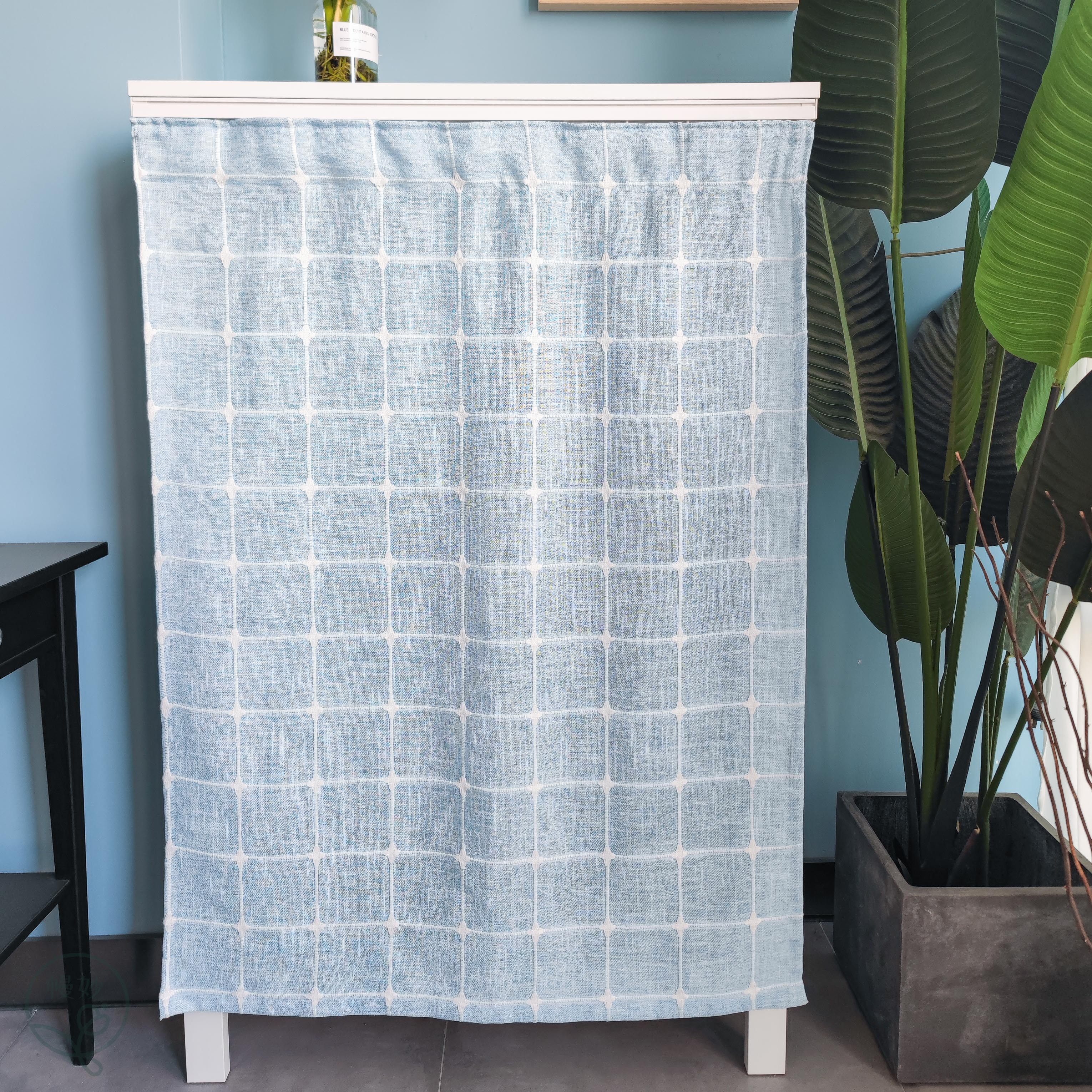 日式棉麻格子遮挡帘衣柜杂物防尘帘送免打孔粘贴轨道洗衣机帘