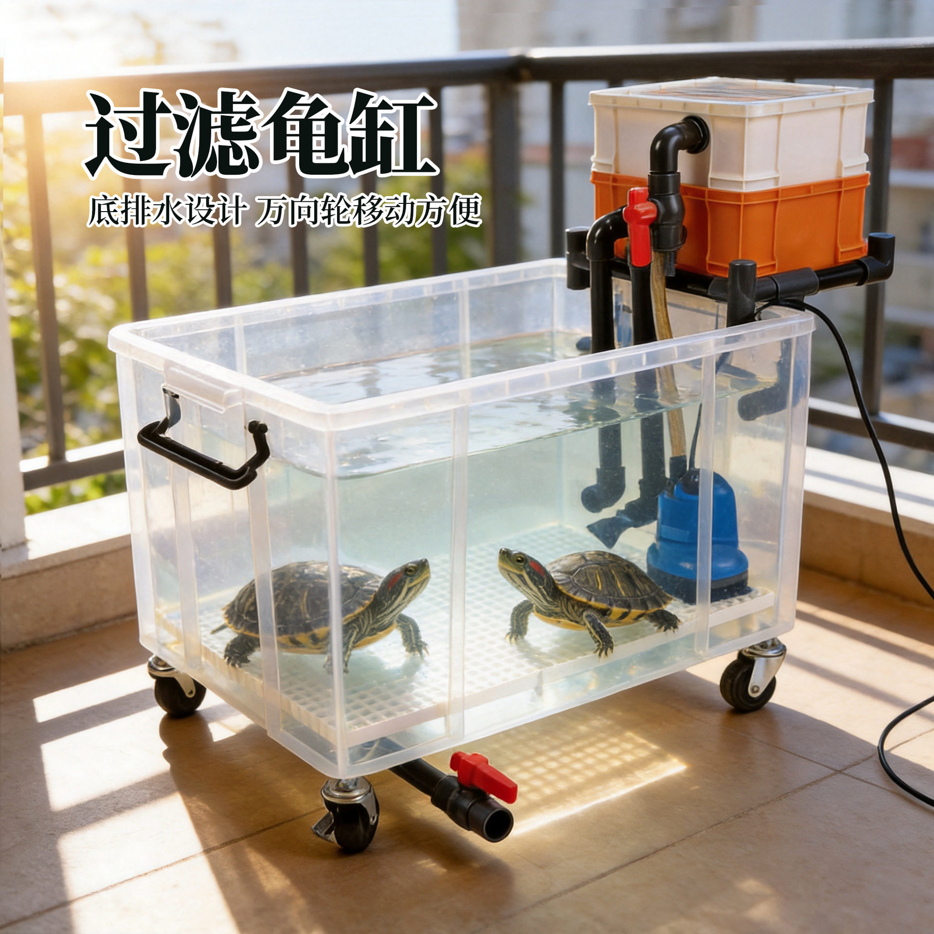 万向轮透明带盖底排水乌龟饲养缸图片