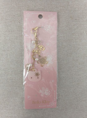 Hellokitty中古稀有2007年樱花粉蝴蝶结珠串手机链，包挂，全新