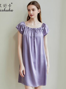 法莱舒卡真丝睡衣女夏季短袖纯色薄款杭州桑蚕丝绸睡裙家居服宽松