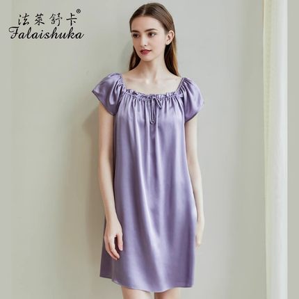 法莱舒卡真丝睡衣女夏季短袖纯色薄款杭州桑蚕丝绸睡裙家居服宽松