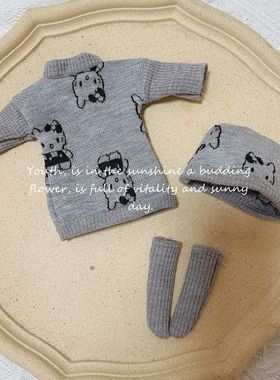 bjd6分娃衣套装灰色猫咪卫衣毛衣帽子袜子可爱30cm胖体娃娃衣服