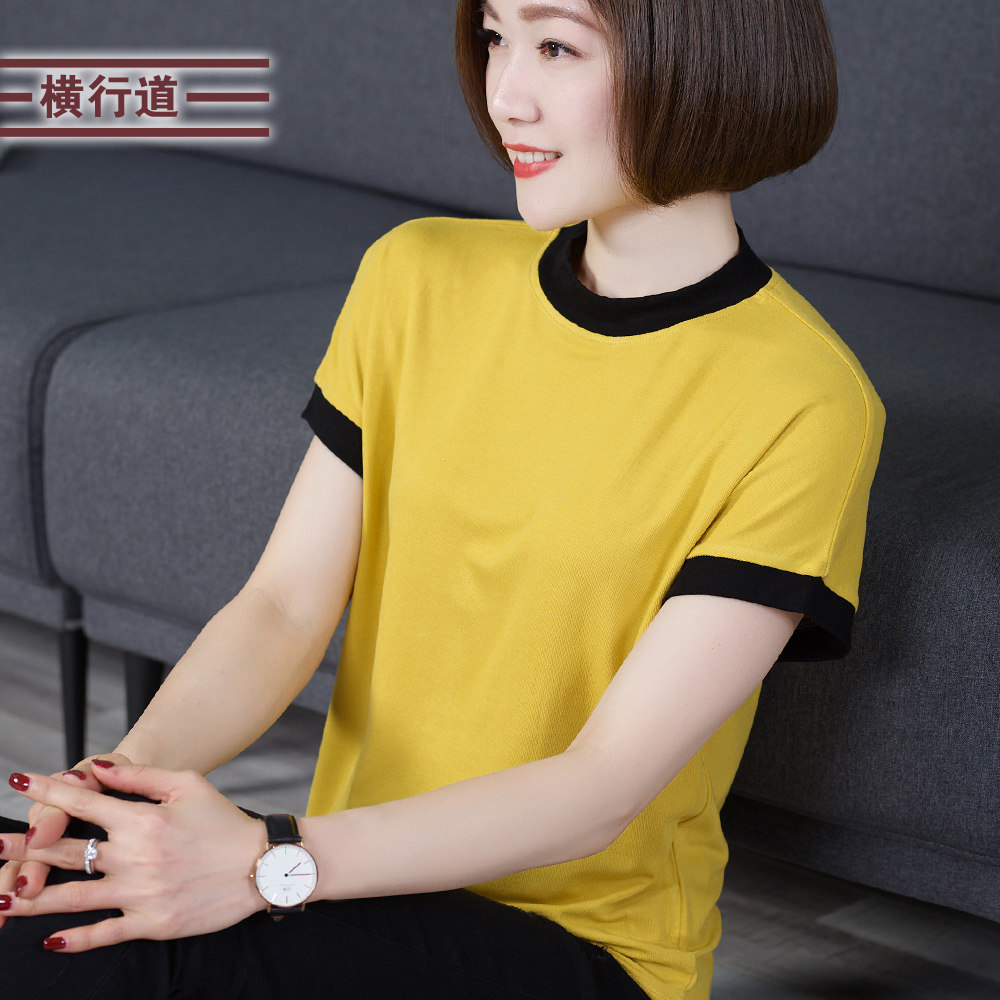 短袖女装2025新款夏装撞色拼接打底衫宽松t恤纯色上衣服圆领体恤