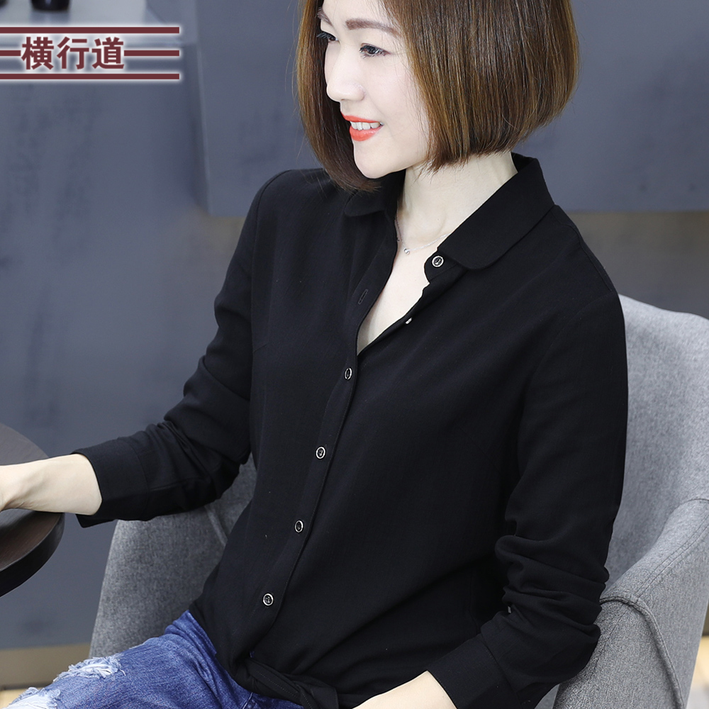2025秋装黑色衬衫女装上衣服大码宽松外套长袖娃娃领纯色休闲衬衣