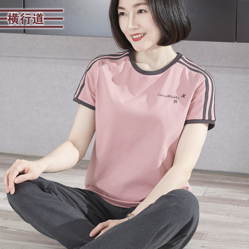 2024新款夏装休闲简约圆领撞色绣花宽松短袖T恤大码上衣服女小衫