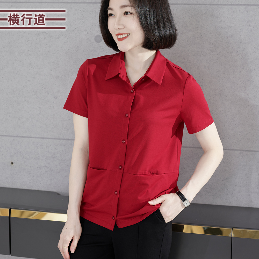 2025夏季新款简约休闲翻领纯色口袋短袖开衫T恤小衫女装上衣大码