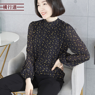 寬松洋氣媽媽裝 大碼 長袖 簡約小衫 女上衣 2025新款 半高領(lǐng)碎花雪紡衫