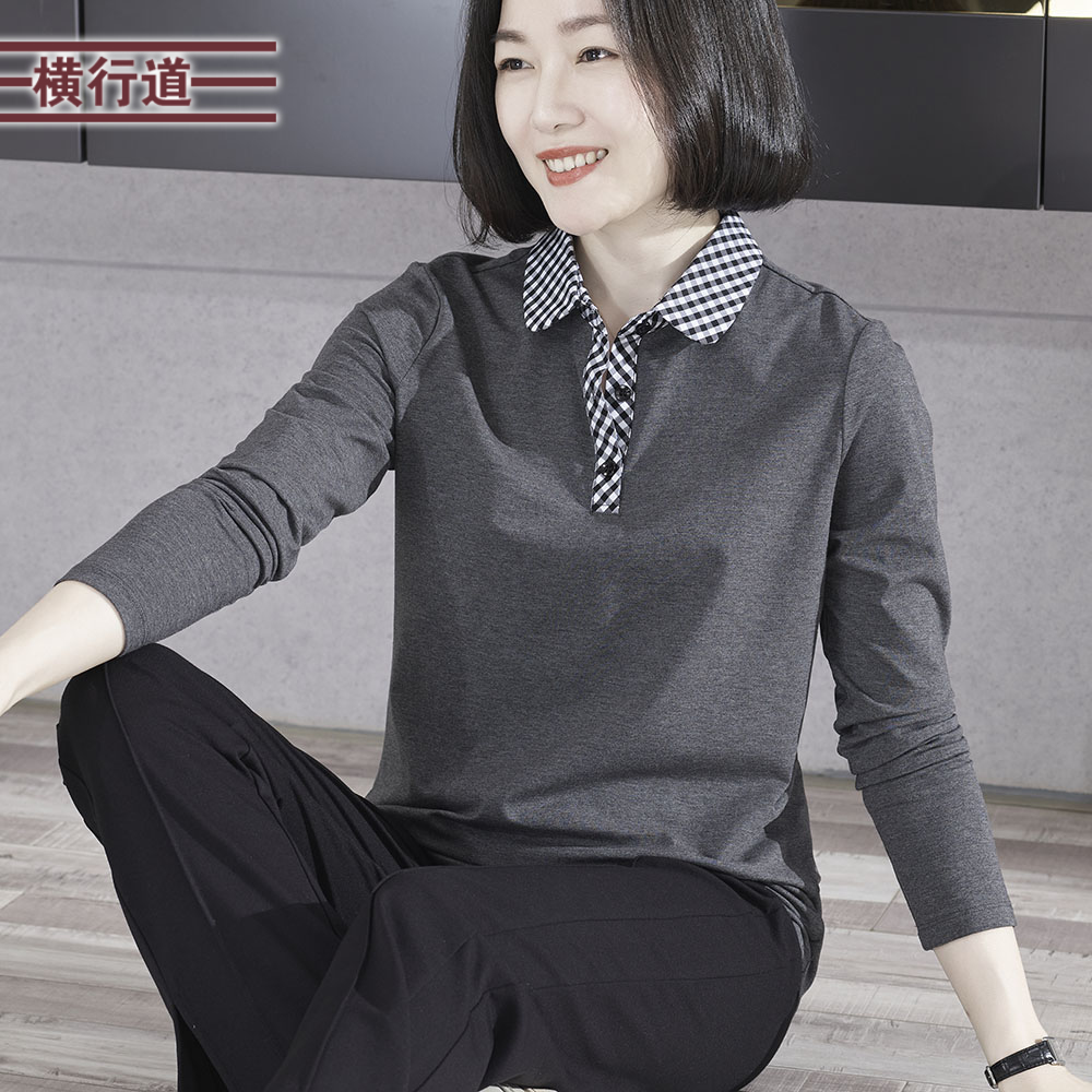 简约衬衫领格子拼接长袖大码女装