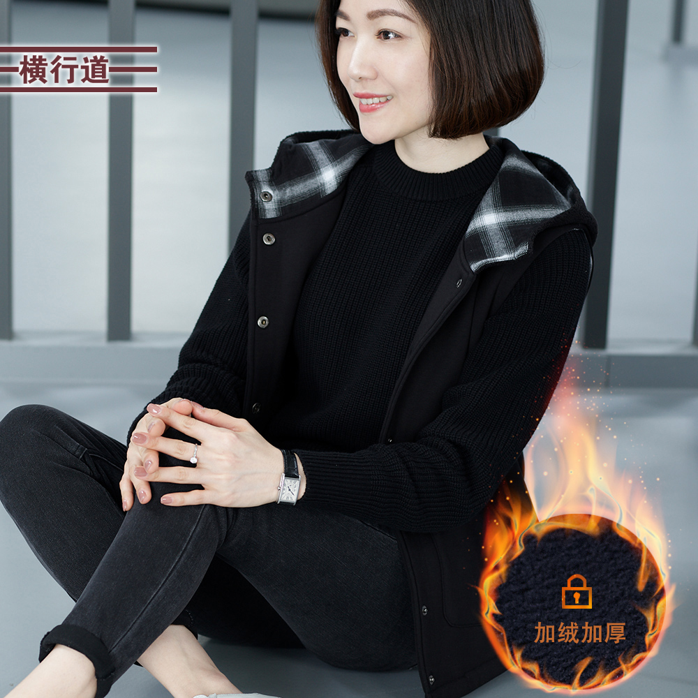 2024新款春季口袋加厚加绒宽松中年妈妈连帽马夹女装背心无袖外套