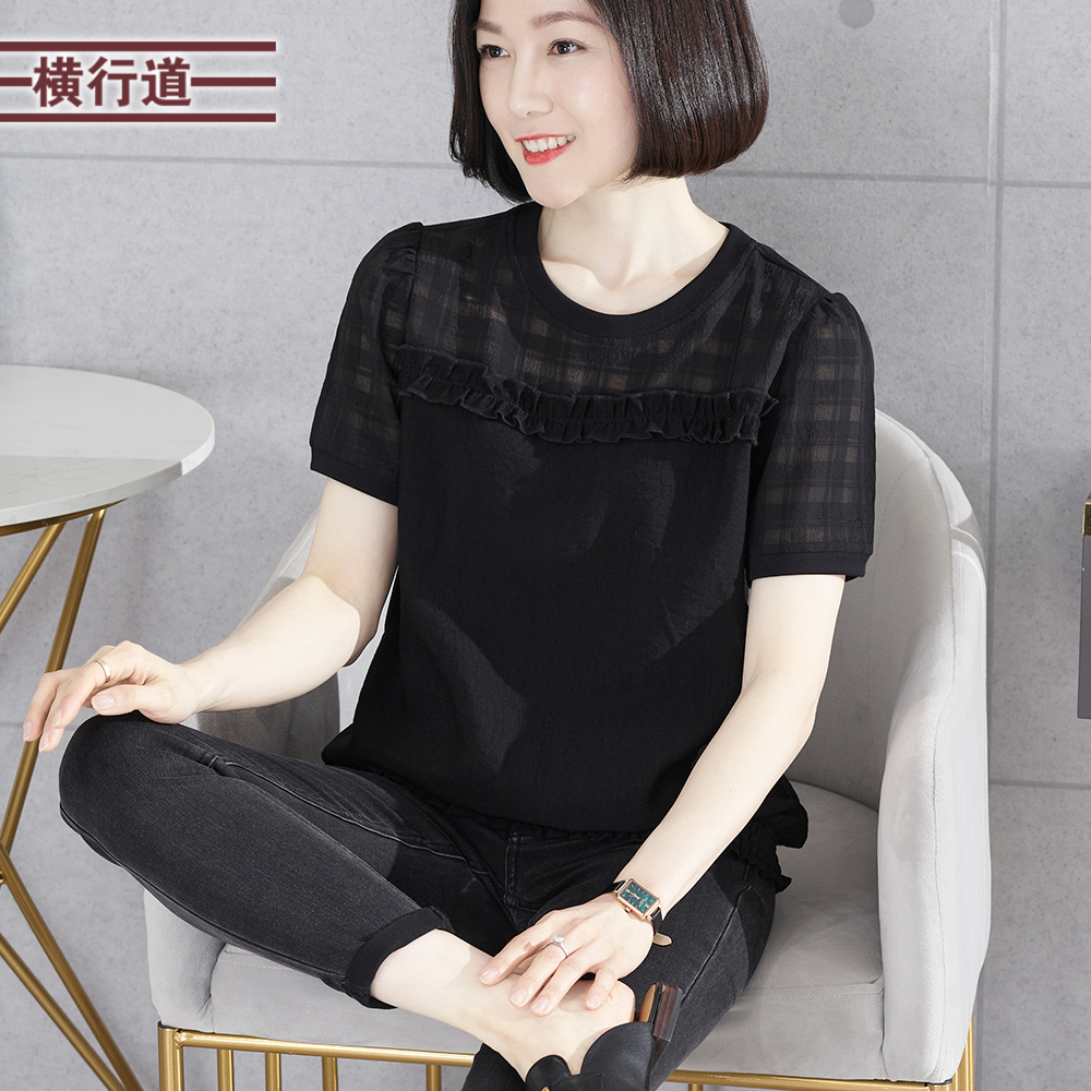 圆领拼接雪纺宽松短袖女装新款